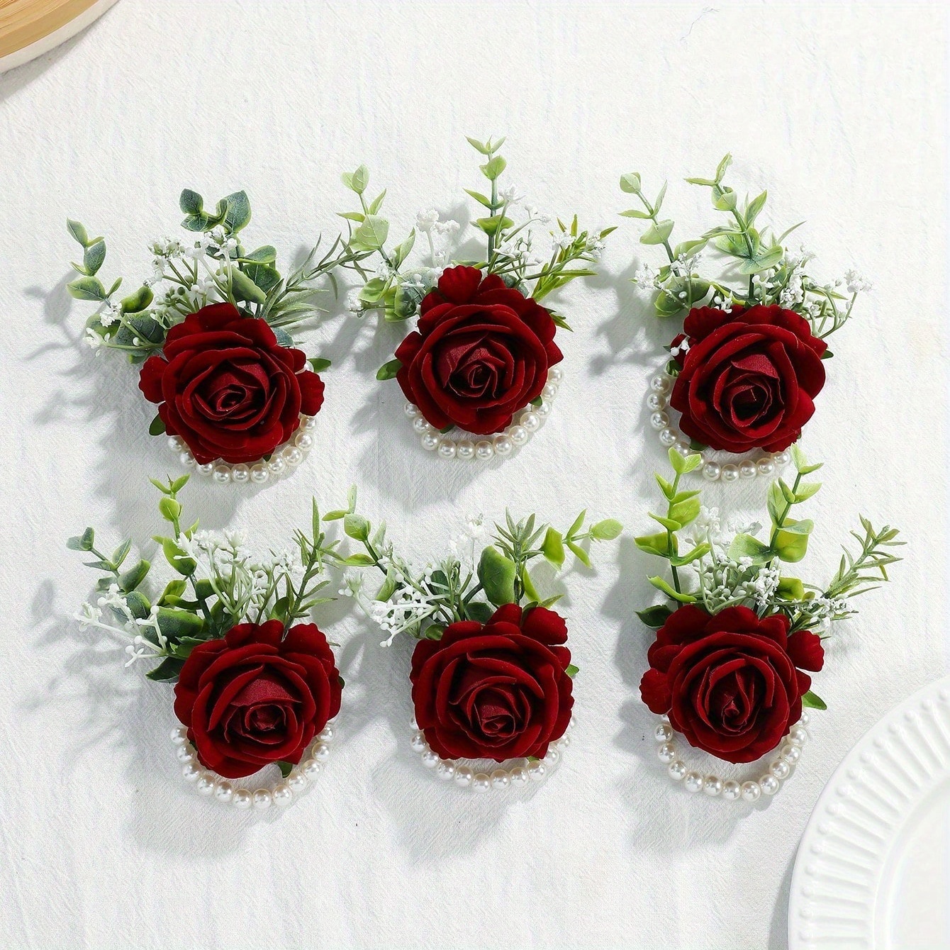 E-shop 6 Stk. Prinzessinnen-Rosen-Handgelenk-Corsage mit künstlichem Grün, ästhetische Kette im Wald-Stil, geeignet für Braut-
