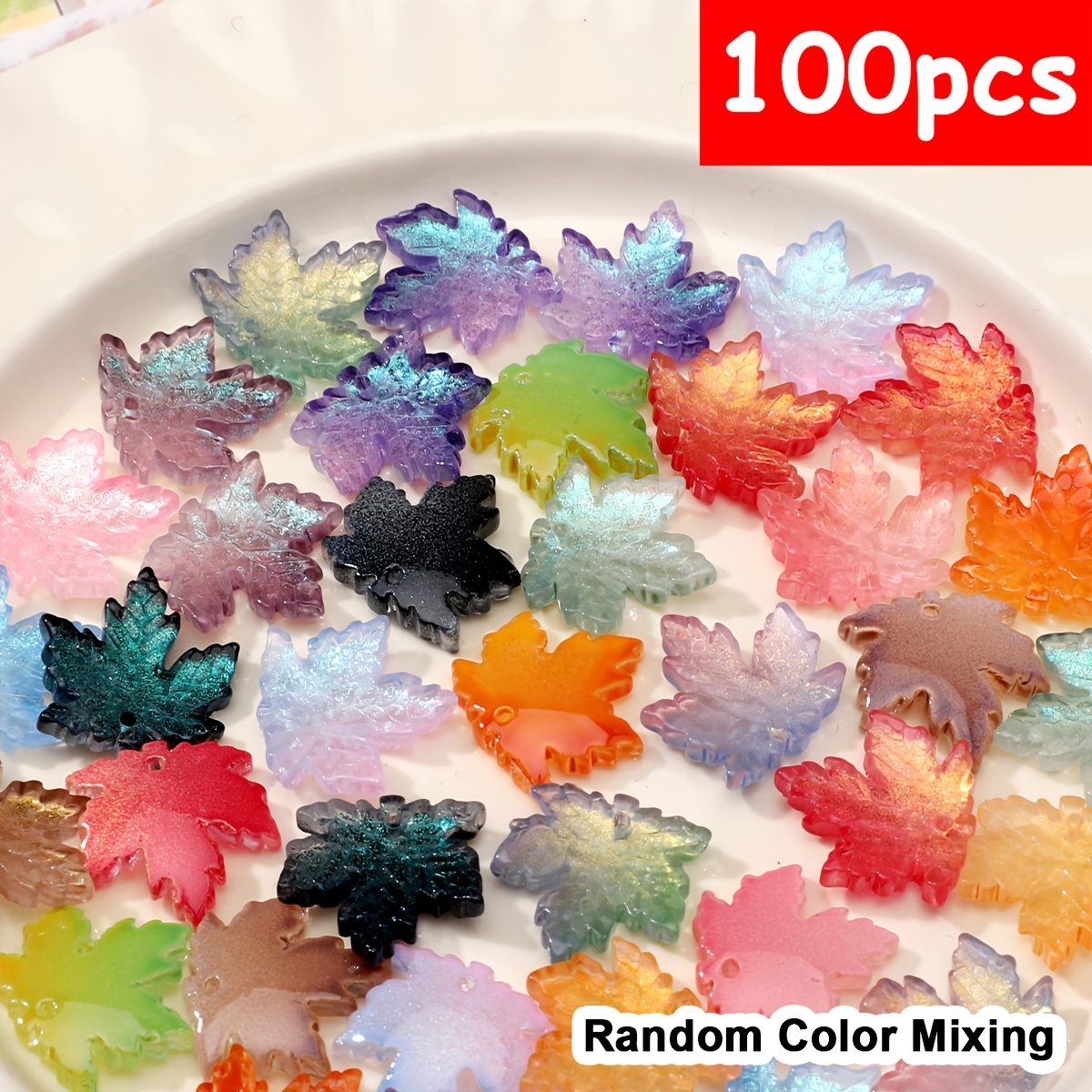 TEMU 30/100pcs Random Color Mixing Exquisite And Colorful Glass Maple Leaf Beads Beading Kits, Beading Supplies, Suitable For Jewelry Making, Crafts,