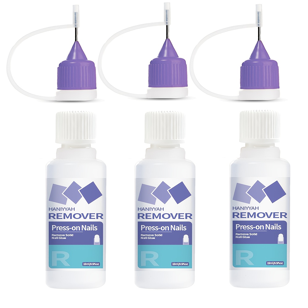 Haniyyah Press-on Nails Remover 15ml, Quickly Nail Glue, 0.5floz 3pcs Nail Glue Remover For Solid Nail Glue Gel, Fake Nails Remover Liquid, Nail-friendly Formula, Without Nail Glue