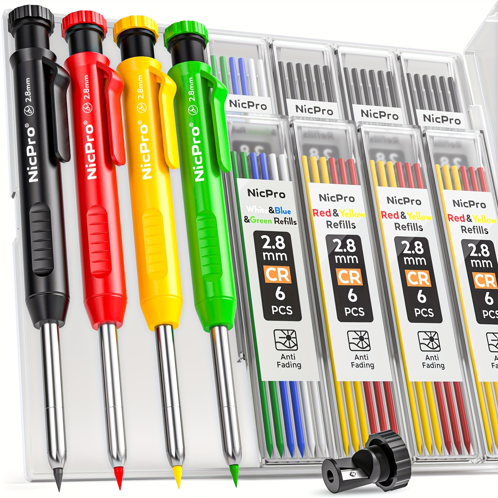 

Nicpro 4pcs Of Carpentry Pencils With Pencil Sharpener, Mechanical Carpentry Pencils With 52 Refills, Construction Pencils Heavy-duty Carpentry Pencils, Suitable For Red, Black, Yellow, Blue