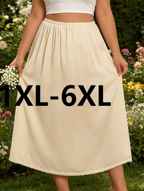 2026년 봄/여름 신상 플러스 사이즈 1xl-6xl 여성 레이스 패치워크 롱 슬립 스커트, 탄성 조절 가능 허리, 압박 없이 안전한 스커트/안감 스커트, 루즈하고 편안하며 드레이프가 있으며 피부 친화적이고 통기성이 좋고 땀 흡수되지 않음