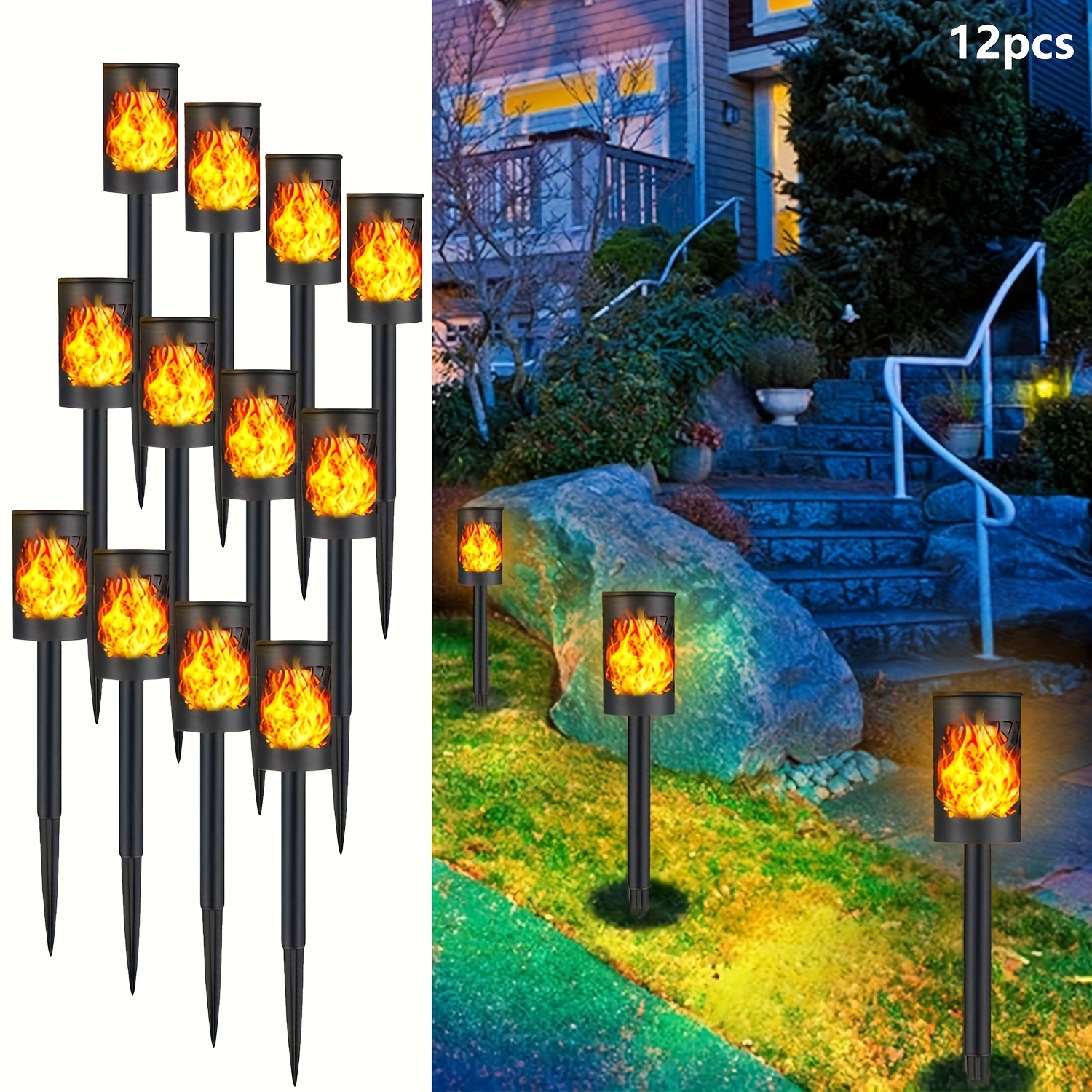UZIMOO Solar Flame Lights – 4-Pack Flickering LED Torch Pathway Lights, Waterproof Outdoor Garden & Yard Decor (Black)