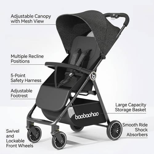 stroller with reinforced frame brake pedal suspension system high quality frame safety harness adjustable seat recline and storage basket