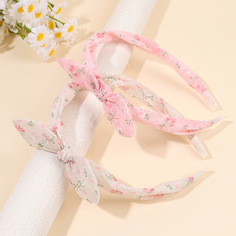 Image of 2pcs Sakura Floral Bunny Ear Headbands Set, Cherry Sheer Chiffon Ribbon Bow Hairbands, Gentle Aesthetic Hair Accessories For Daily Wear, Outfits