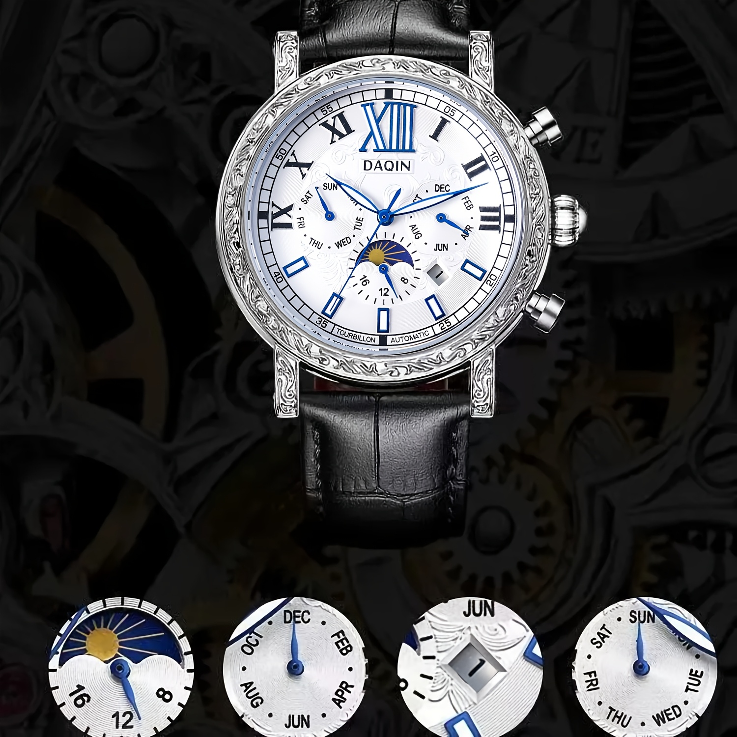 mens fully automatic dual sided hollow flywheel mechanical watch mens light luxury high end carved   with   calendar month night light moon phase multifunctional fashionable business casual mens wristwatch a gift   valentines day gift birthday gift without battery details 3