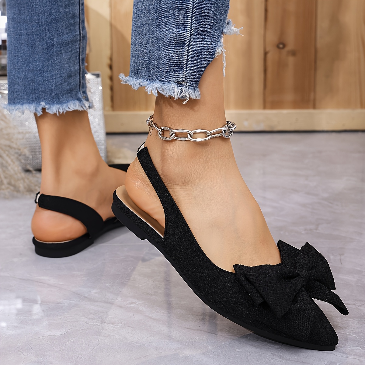Women's Fashion Bow-Adorned Pointed Toe Slip-On Sandals with Adjustable Ankle Strap - Black Fabric Upper, Flat Comfortable Heel & Rubber Sole for Casual/Formal Occasions