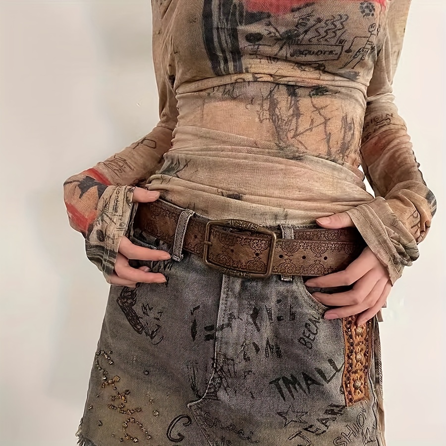 Vintage Style Brown Belt with Western Print