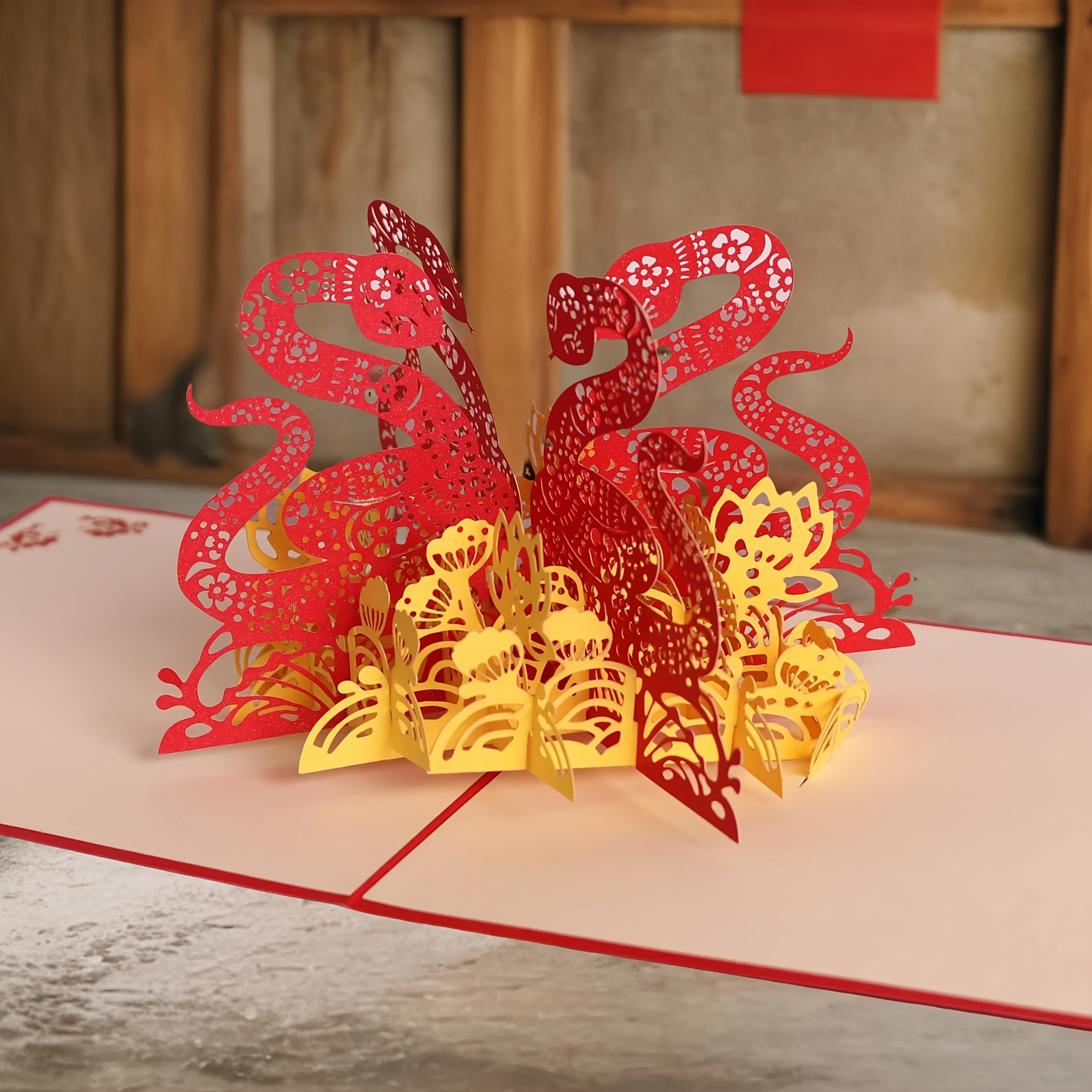 

1pc Vibrant 3d Pop-up Snake-themed Greeting Card With Envelope - Chinese New Year, Lunar New Year Celebrations, Red & Golden Paper Craft, Snake Gifts