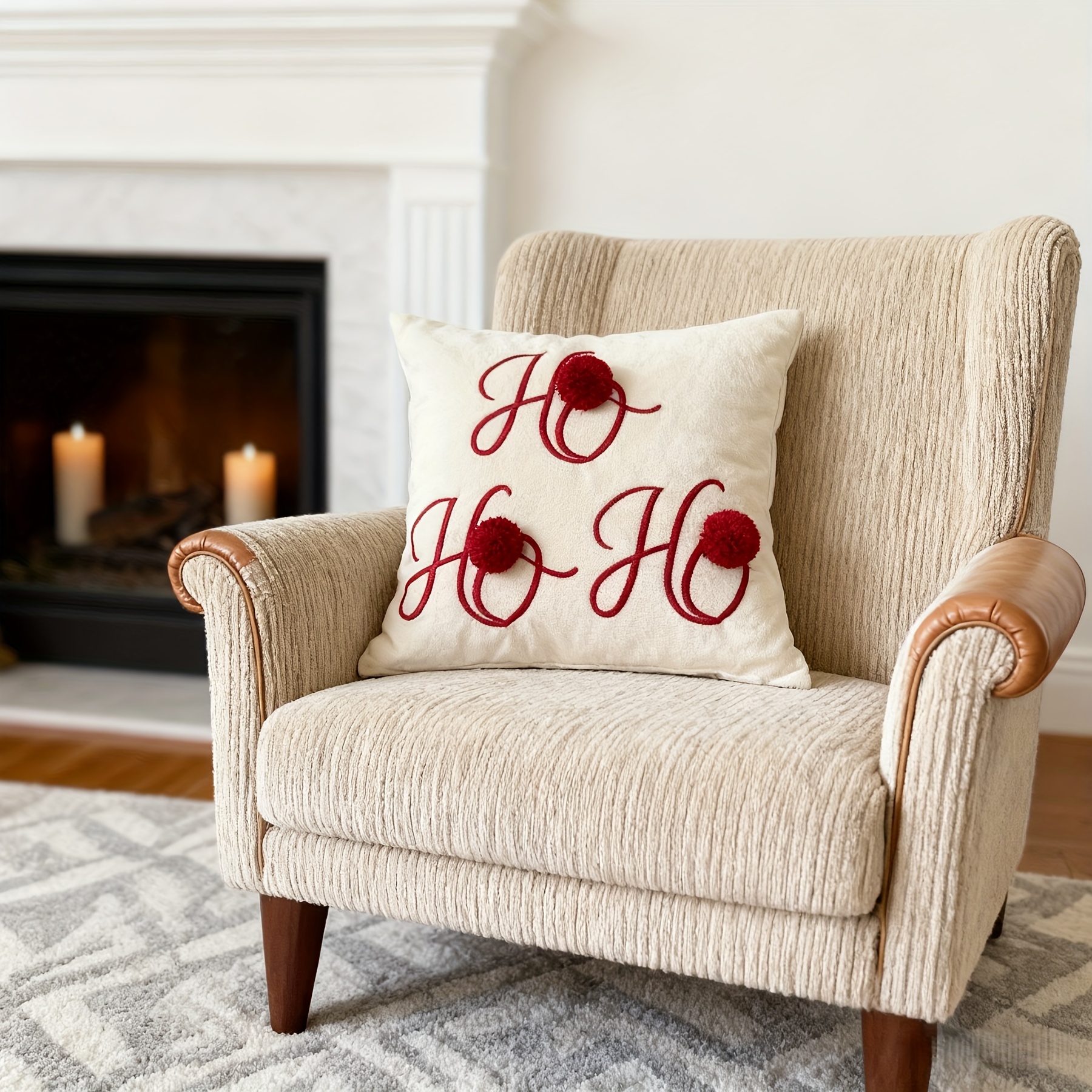 Image of Holiday-themed Throw Pillow Covers In Sizes 18x18 And 12x20 Inches, Featuring Embroidery And Red Pom-pom Balls, Perfect For A Soft Festive Touch To Your Sofa Or Bedroom, Insert Not Included