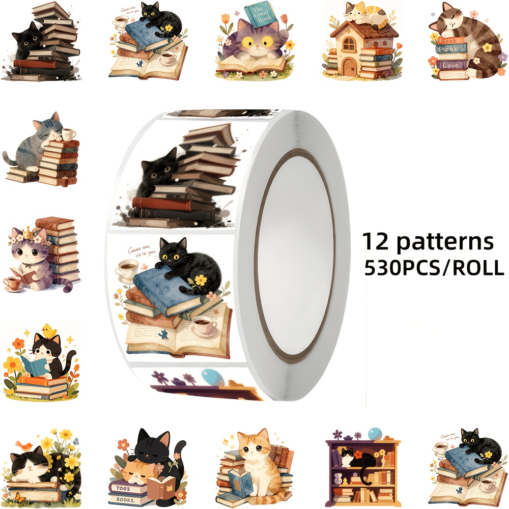 TEMU 530 adesivi a tema gatto e libro, 12 tipi di design, per decorare confezioni, laptop, tablet, notebook, buste, scatole regalo, valigie, ecc.