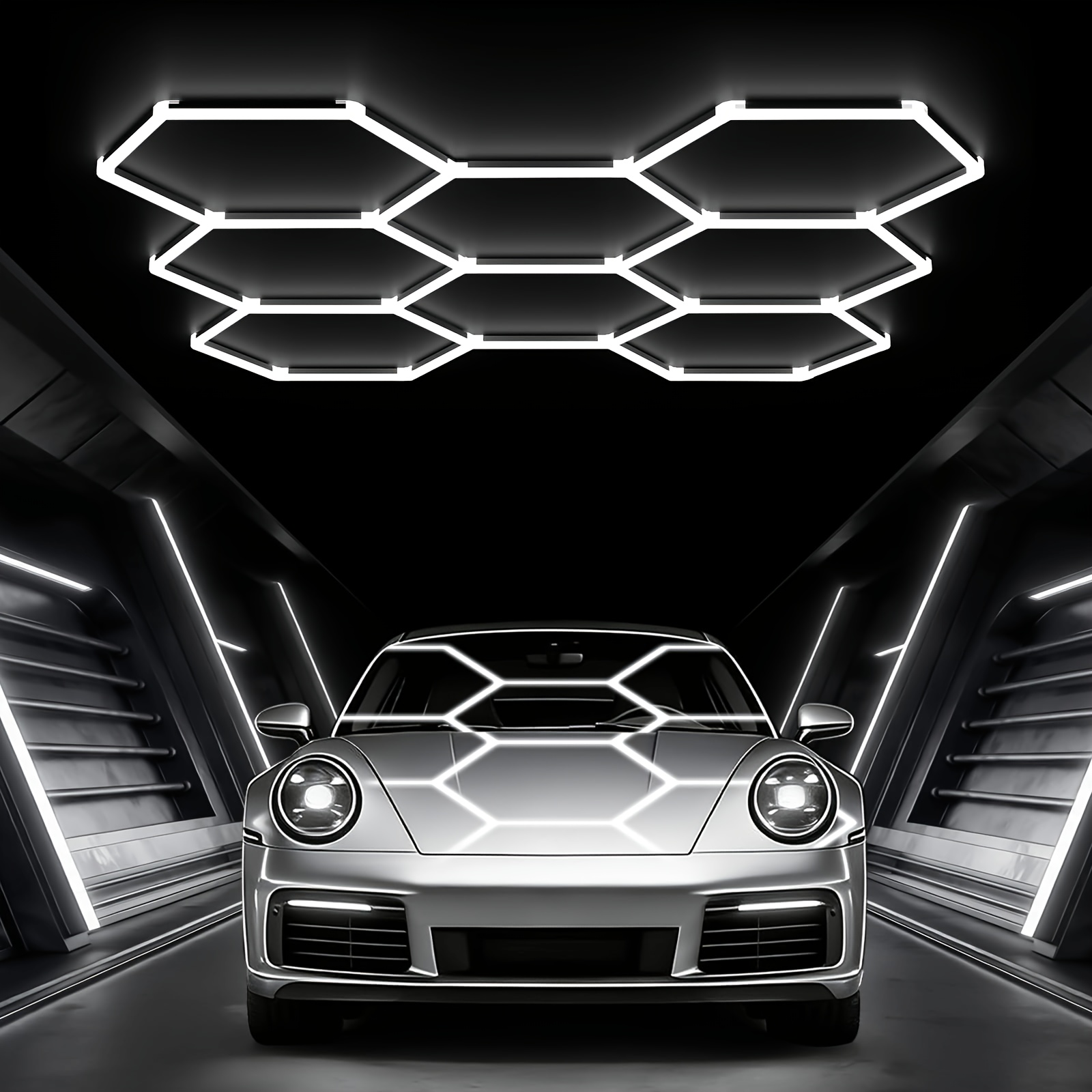 Hexagon For Garage Lights 8 Grids Hexagon Led Light, 6500k Honeycomb Hex Lights, For Garage, Shop, Basement, Barber