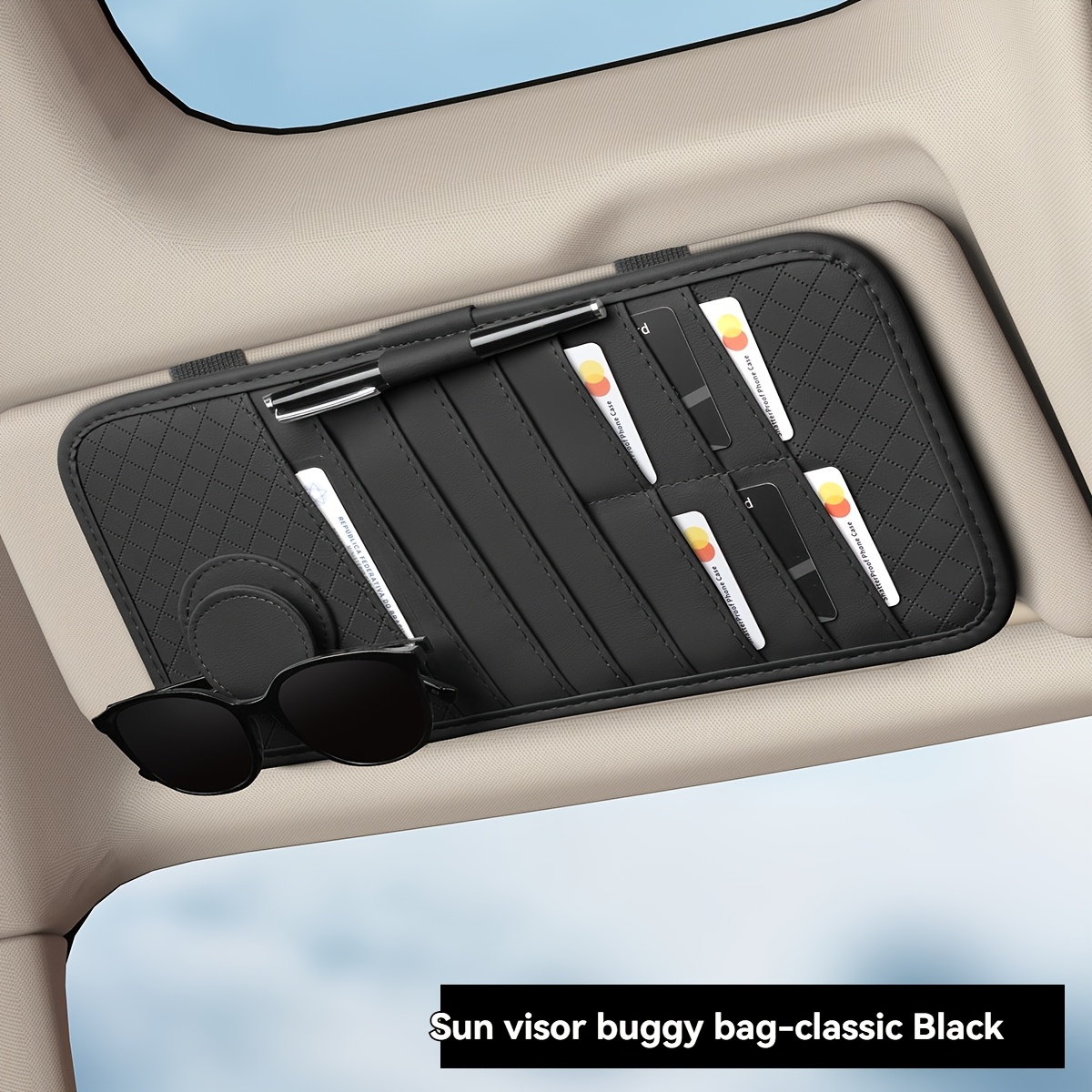 TEMU Pu Leather Car Sun Visor Organizer, Multi Pocket Card Holder Fashion Glasses Clip, Auto Sunshade Storage Pouch For Most Vehicles