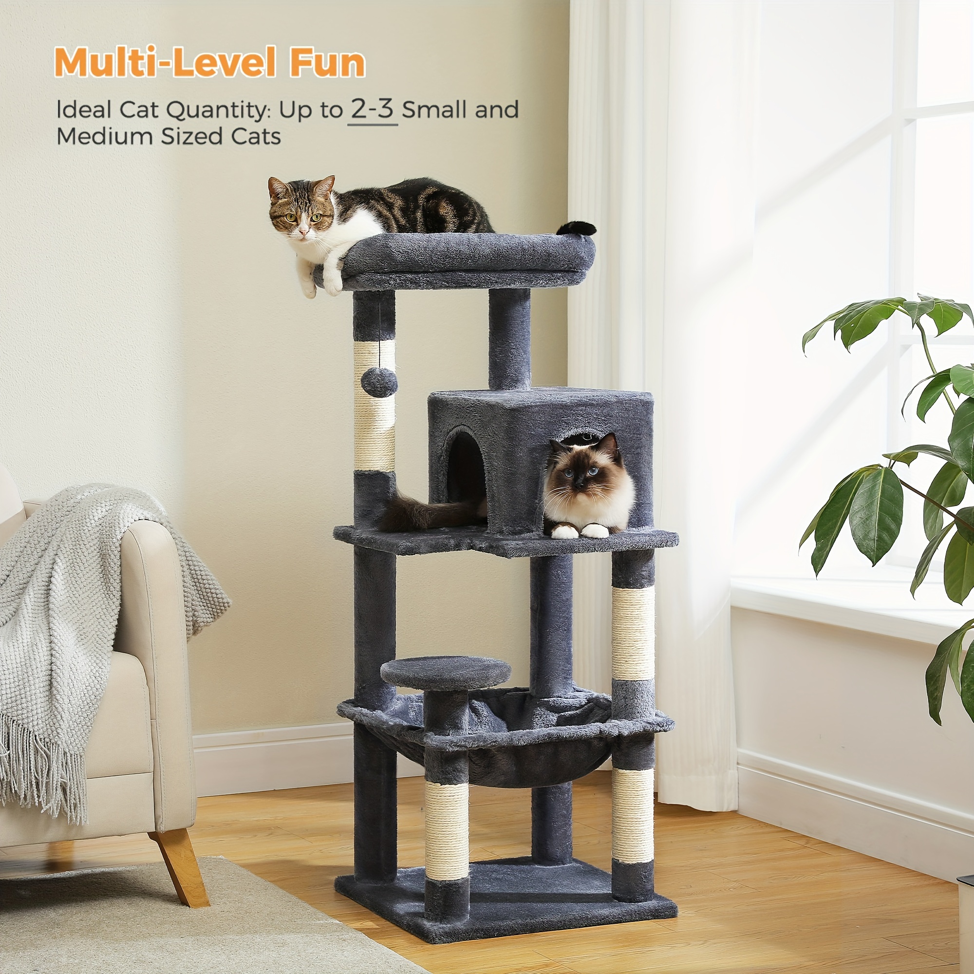 

45.7" Cat Tree For Indoor Cats, 5-level Cat Tower For Large Cats With Metal Frame Large Hammock (17.3"x15.3"), Cat Condo With ("x13") Perch & 4 Sisal Covered Scratching Post Dark