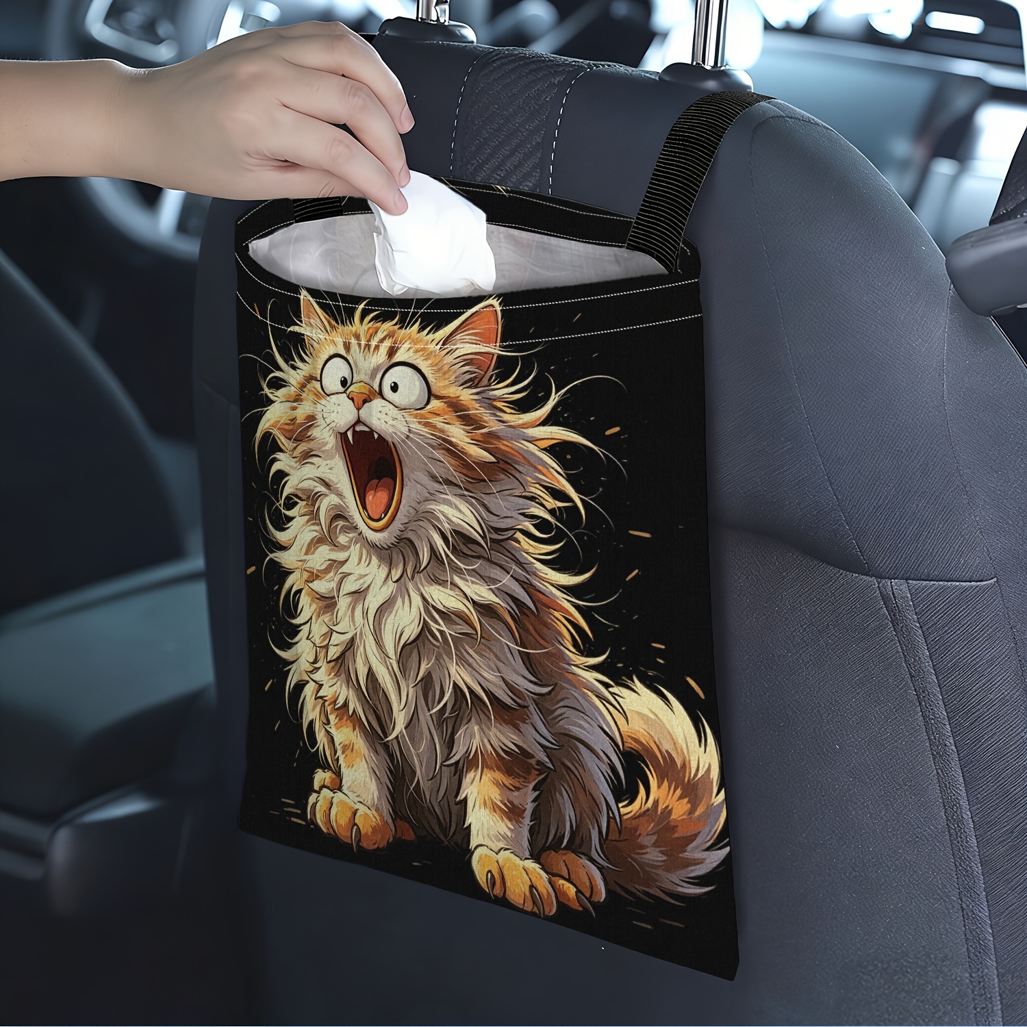 TEMU 1pc Fluffy Cat Shriek Moment 2d Printed Car Trash Bag - Fashionable Storage, Keeping Car Interior Tidy, Universal Hanging, Durable And Portable,