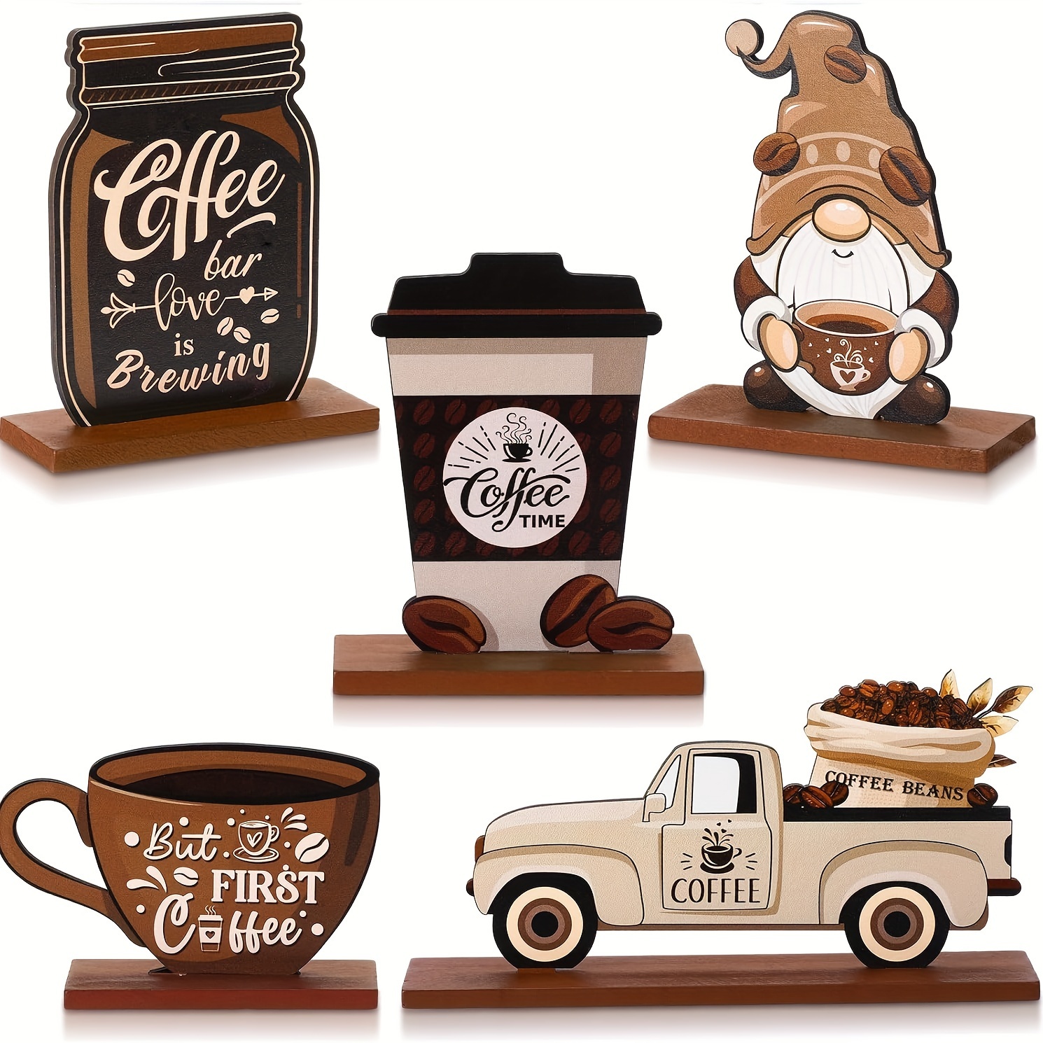 

Vintage Coffee Shop Decor Set - Wooden Gnome & Car Figurines, Mocha Coffee Accents For Kitchen, Living Room, Bedroom - For Home And Gallery Display Coffee Bar Decor Coffee Decor