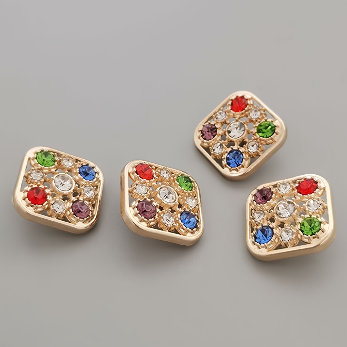 Image of 6pcs Set Of High-end Retro Hollow Colored Inlaid Diamond Hand-sewn Button Square Metal Suitable For Sweater Knitting Decoration Clothing Additions Handmade