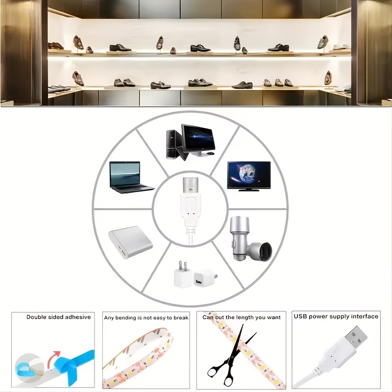USB LED ленти със сензори за движение за ръце и крака, подходящи за LED осветление под шкафове, кухни, шкафове, рафтове, плотове, LED светлинни ленти за спални, LED светлини за шкафове със сензор за движение, стълбища и нощни лампи за коридори