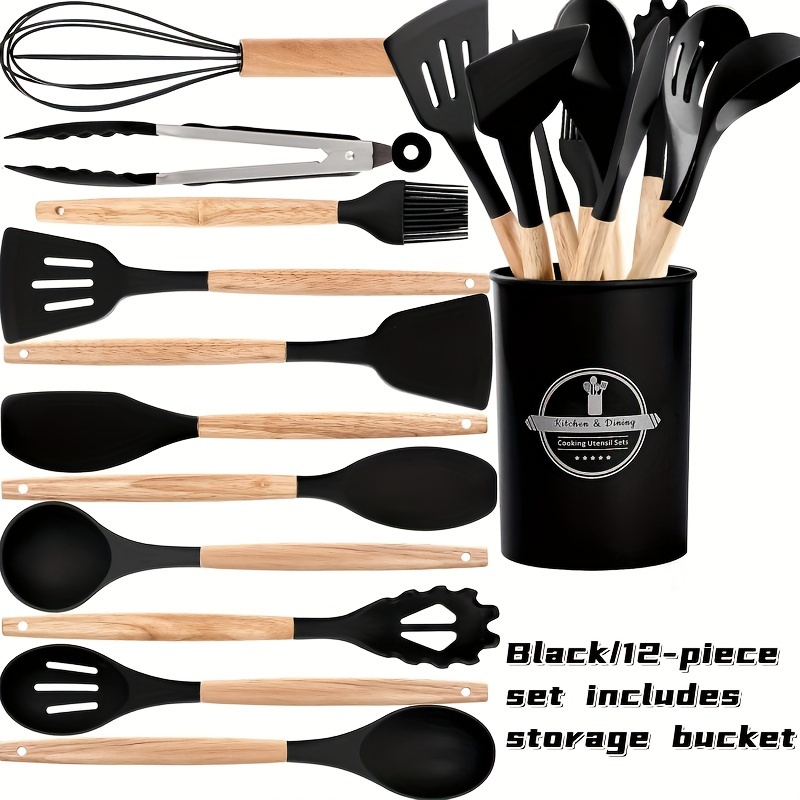 

12-piece Silicone Cooking Utensil Set With Wooden Handles And Storage Bucket - Kitchen Spatula, Whisk, Tongs, And Turner Set