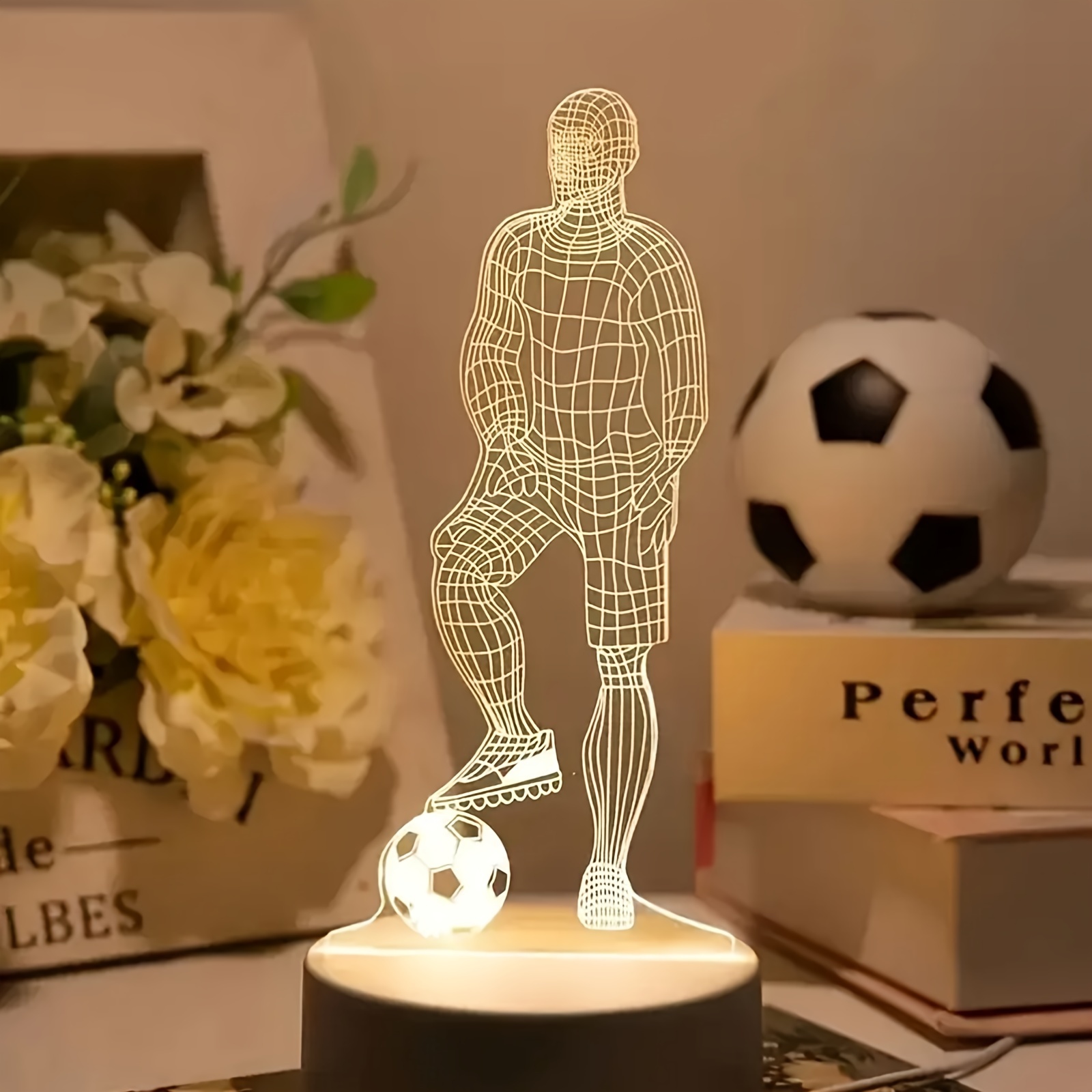 1 Lámpara de noche 3D de futbolista, luz cálida monocromática alimentada por USB, lámpara de ambiente creativa para escritorio y dormitorio, luz de decoración para habitación, lámpara de noche novedosa, lámpara de noche, un regalo para los entusiastas de los deportes