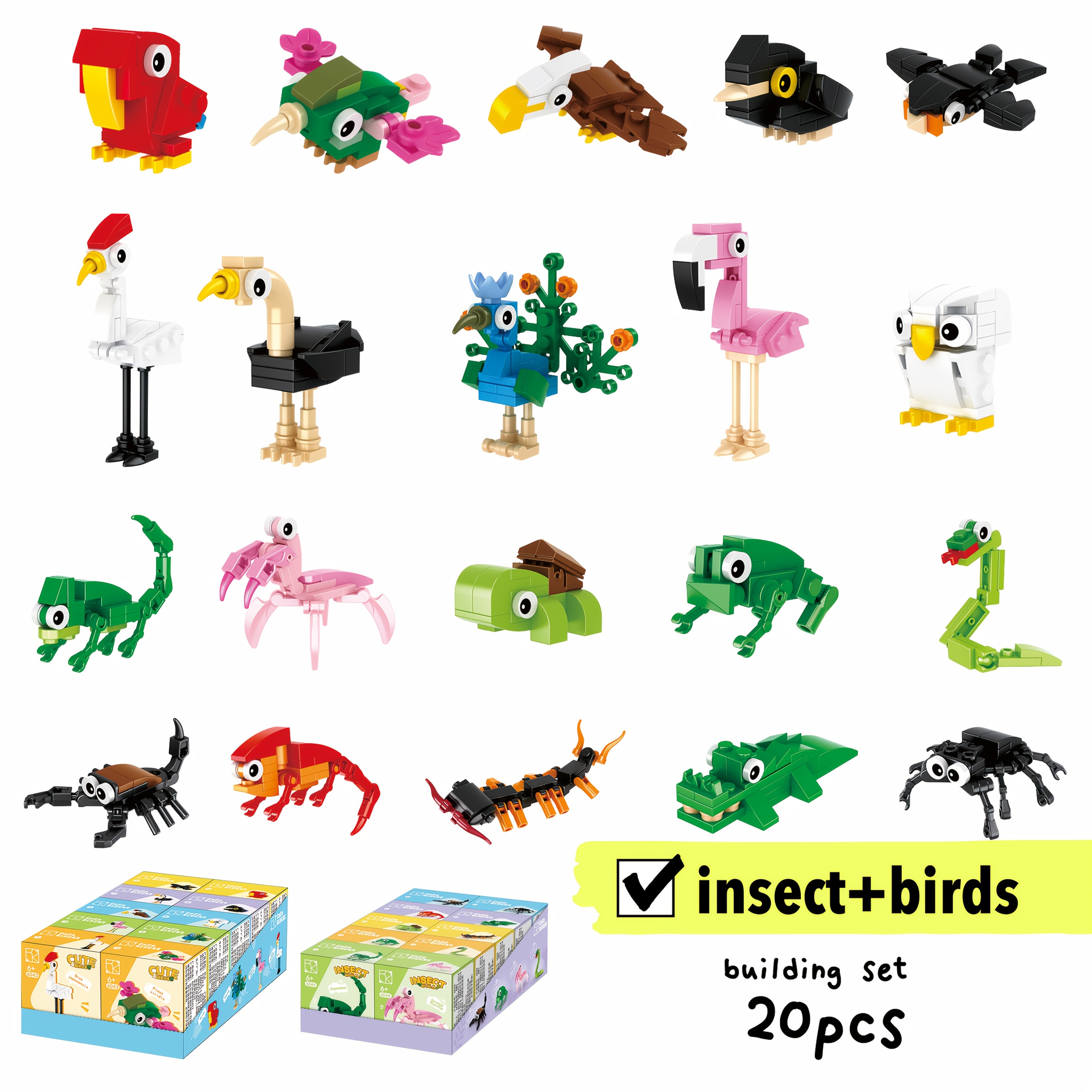 Image of 20pcs Animal Building Set - Birds And Insects Assembled Blocks - Favor And Classroom Reward