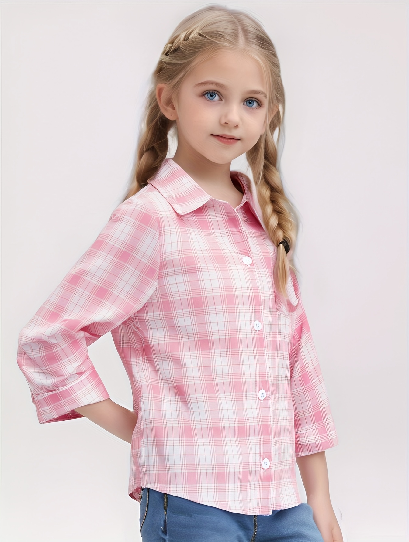 girls long sleeve   shirt pink checkered shirt stylish and simple comfortable blouse   color 0