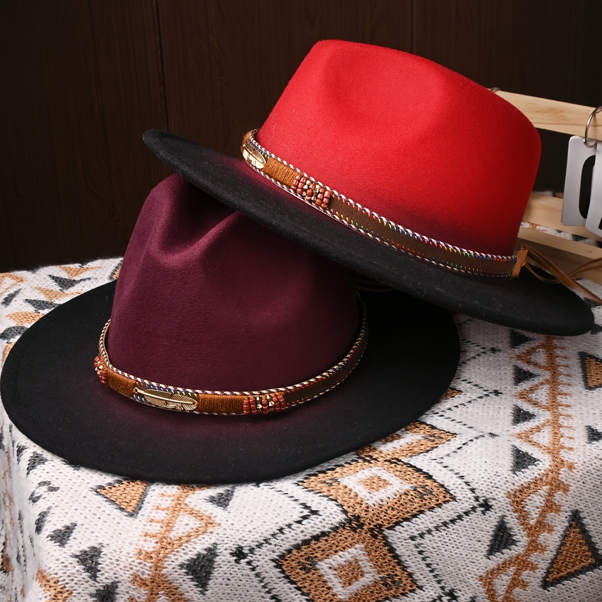 

Vintage Gradient Western Cowboy Hats With Feather Accents, Five-layer Paper Box Packaging & Hat Stand