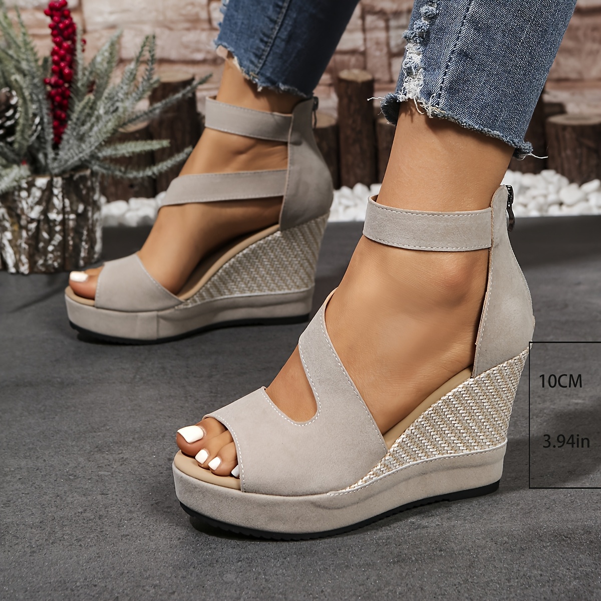Women'S Elegant Olive Green Platform Sandals with Zipper Closure - Stylish Wedge Heel, Open Toe Design, Synthetic Insole & Sole, Perfect for Summer, Summer Footwear | Elegant Sandals | Zipper Closure Shoes