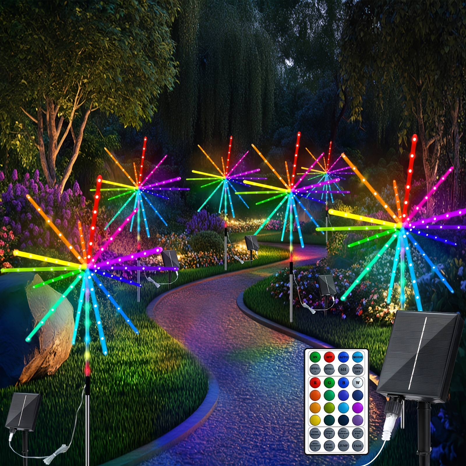 TEMU 4 Pack Outdoor Ground-mounted Explosion Meteor Light | Ip65, Solar-powered, 336 Led Marquee Light With Firework Effect, , Remote Control