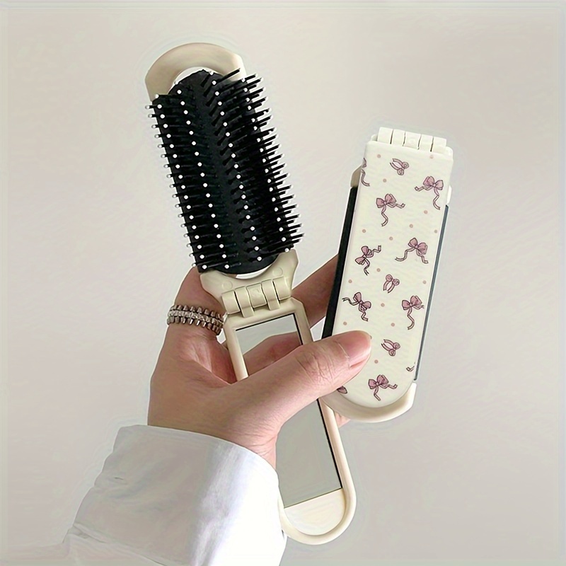 

Portable Folding Hair Comb With Mirror - Cute Bow & , Detangling Brush, No Battery Needed