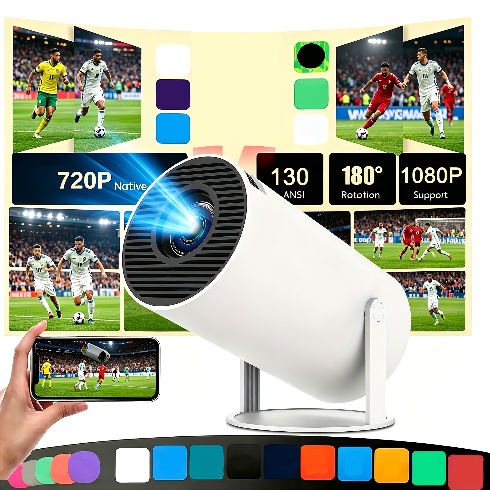 TEMU Ce mini projecteur prend en charge la connectivité Wi-Fi et fil, une résolution 1080P, une rotation et une portable. C'est un projecteur 720P