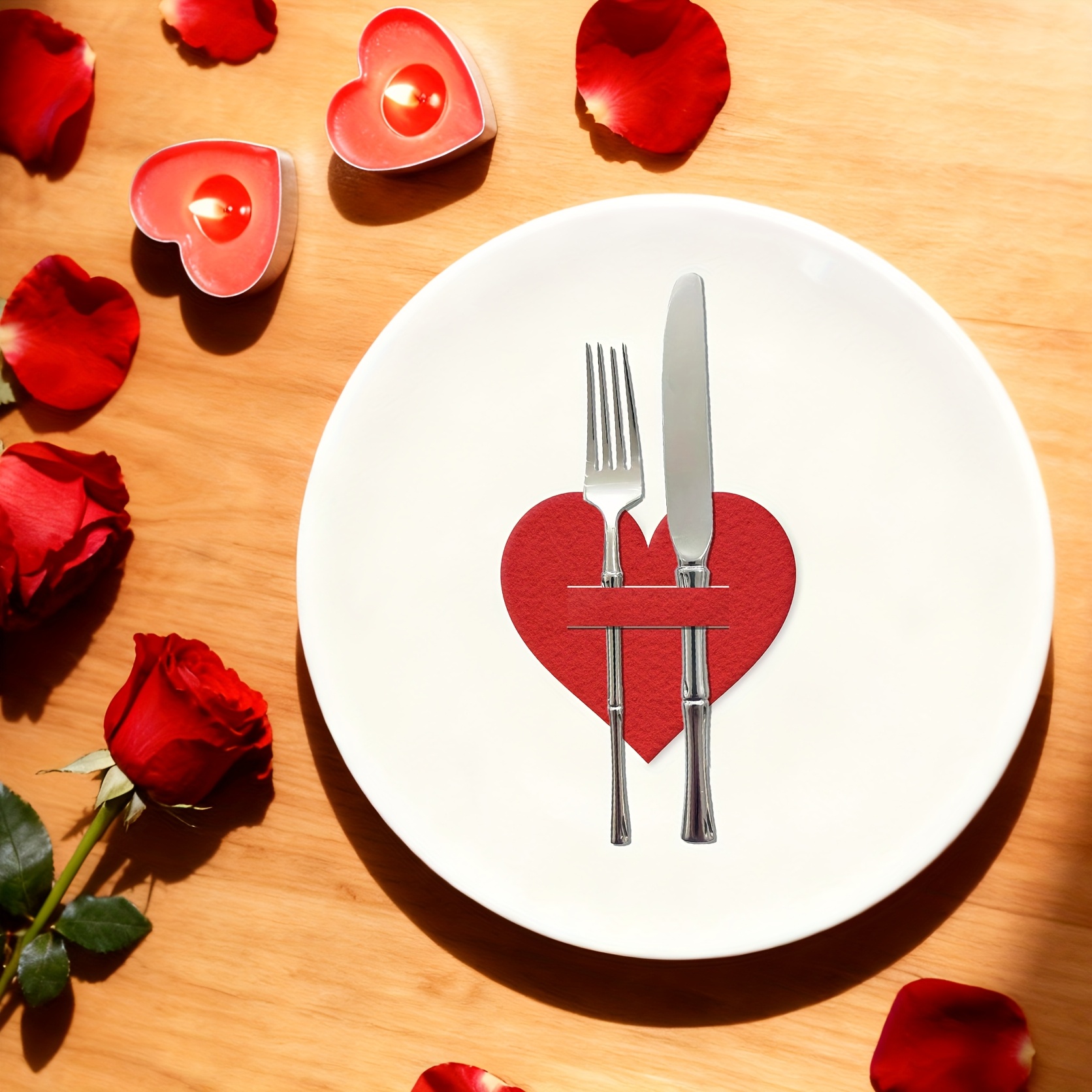 1 Set Of 12pcs, Red Heart Non-woven Tableware Holder Insulation Pad, Knife And Fork Decoration, Dining Table Etiquette, Proposal Party, Flower Decoration, Table Decoration, Napkin Decoration