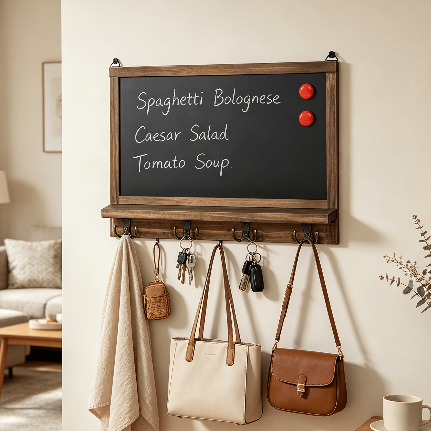 TEMU Lavagna da parete con 42 X 30 cm di ganci, lavagna in legno per con promemoria e 4 ganci per appendere posta, vestiti, chiavi, per console d',