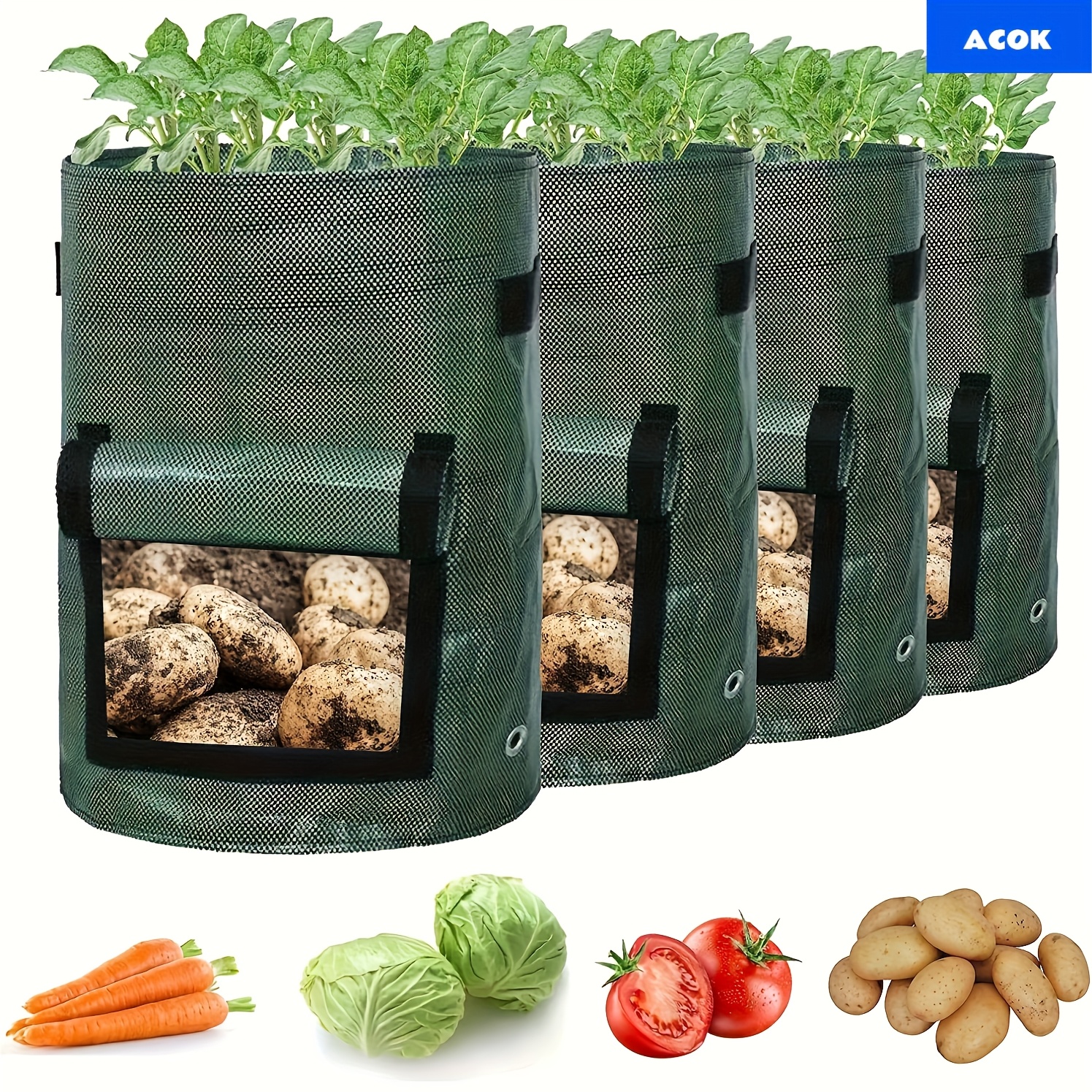 TEMU 4pcs Potato Grow Bags With Flap And Handles, 7-gallon Vegetable Garden Bags For Potatoes, Onions, Fruits, Tomatoes, And Carrots, Christmas