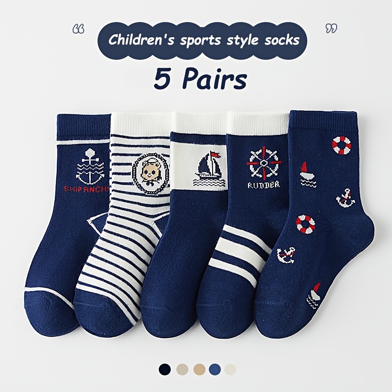 Image of 5 Pairs Of Nautical Style Socks, Trendy And Comfortable Mid-calf Sports Socks Suitable 0-14.