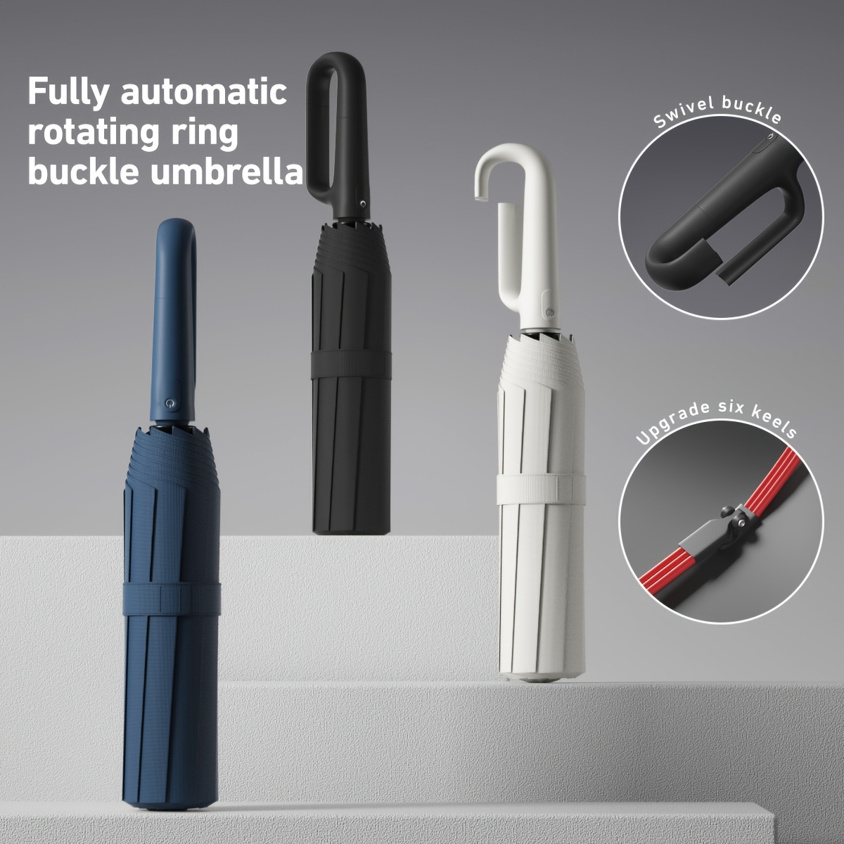 

Automatic Folding Umbrella With Rotating Ring , Wind-resistant, Water-repellent, , 210t Fabric, Fiberglass, Iron Shaft, Rubber Handle, With -handed For Portable Basics Minimalist Style