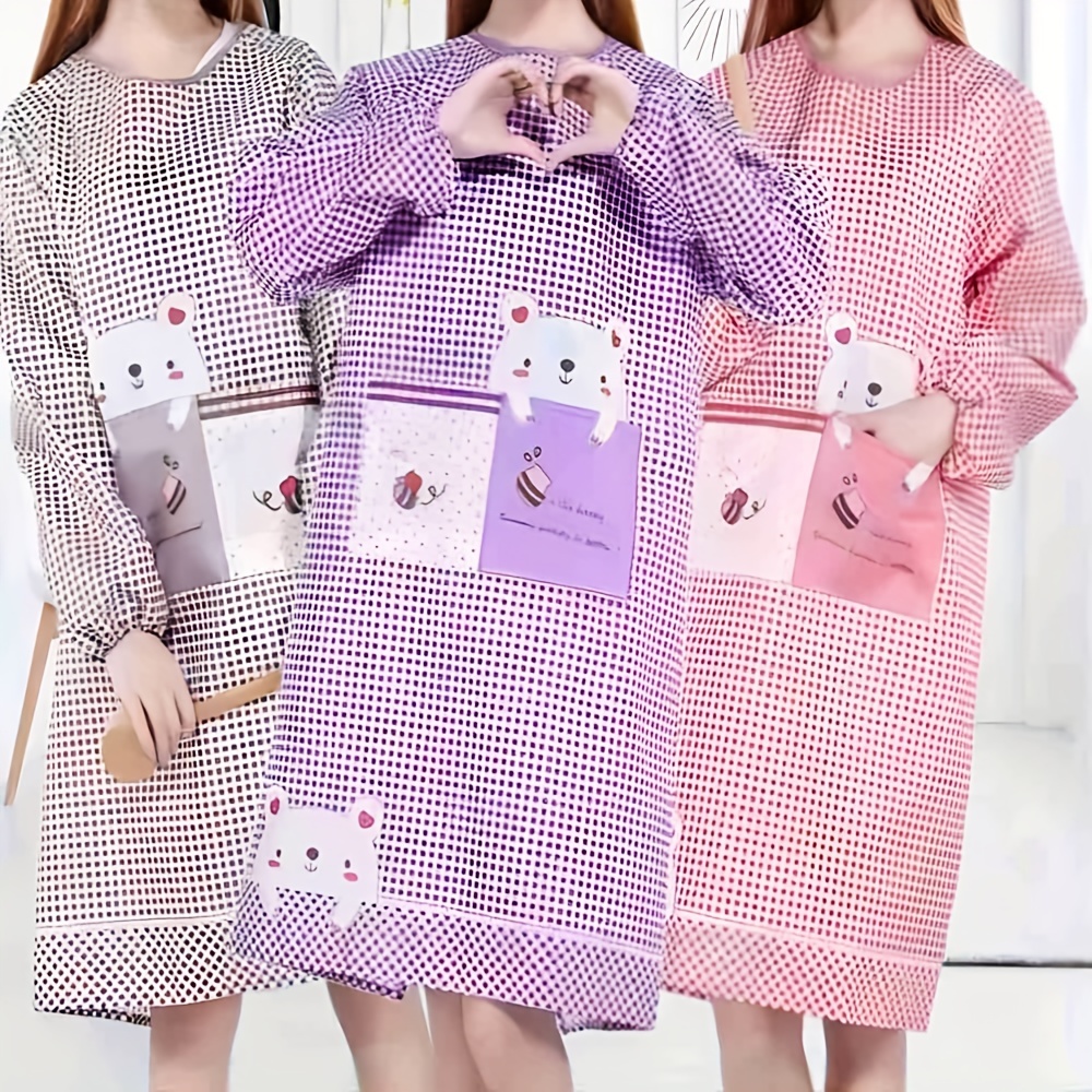 

1pc Cute Cartoon Bear Long Sleeve Kitchen Apron, 100% Polyester Woven Fabric, Comfortable Breathable Cleaning Workwear For Home Use