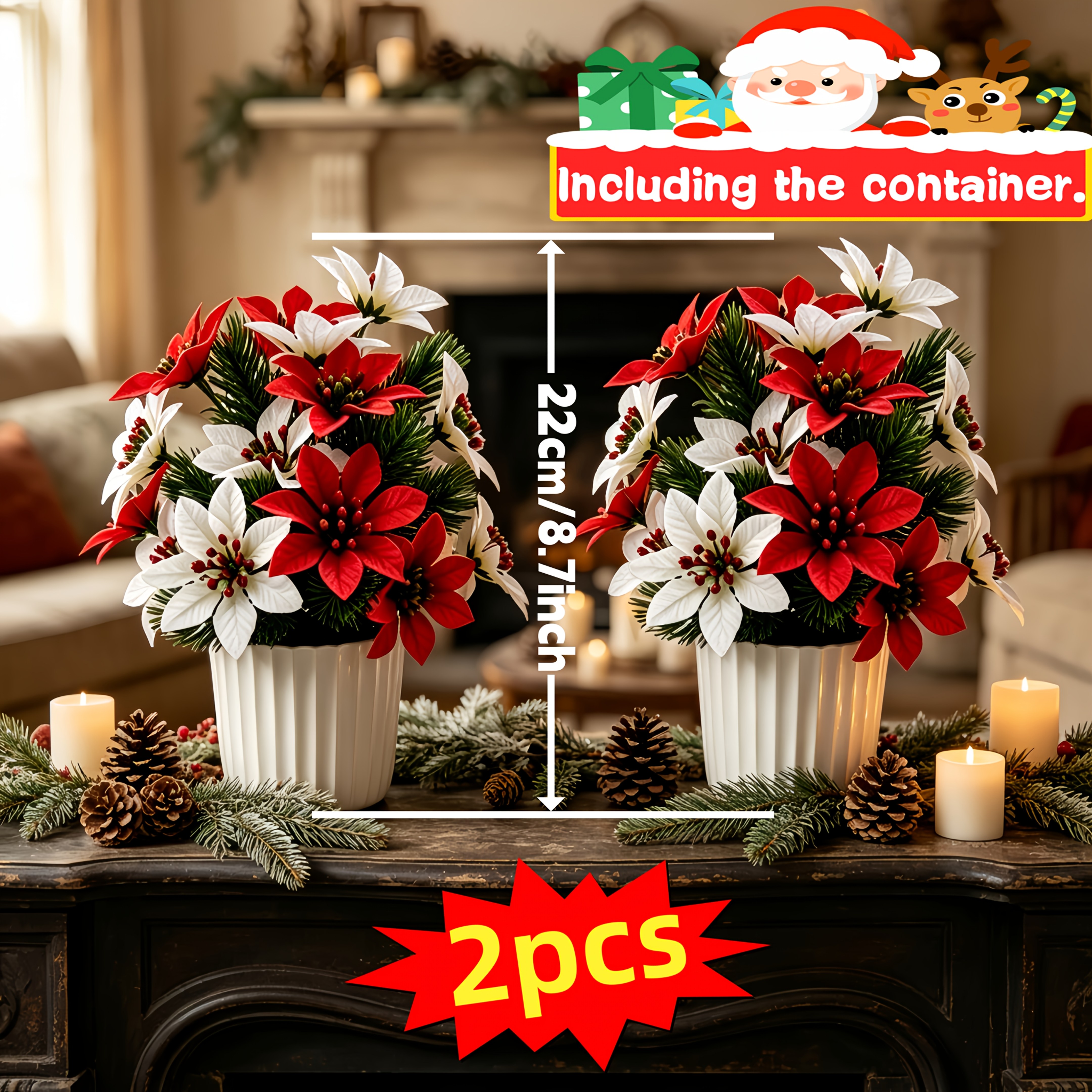 TEMU 2-pack Artificial Poinsettia Potted Plants With Vertical Striped Planters, Featuring Artificial Red And White Poinsettia Flowers   Artificial