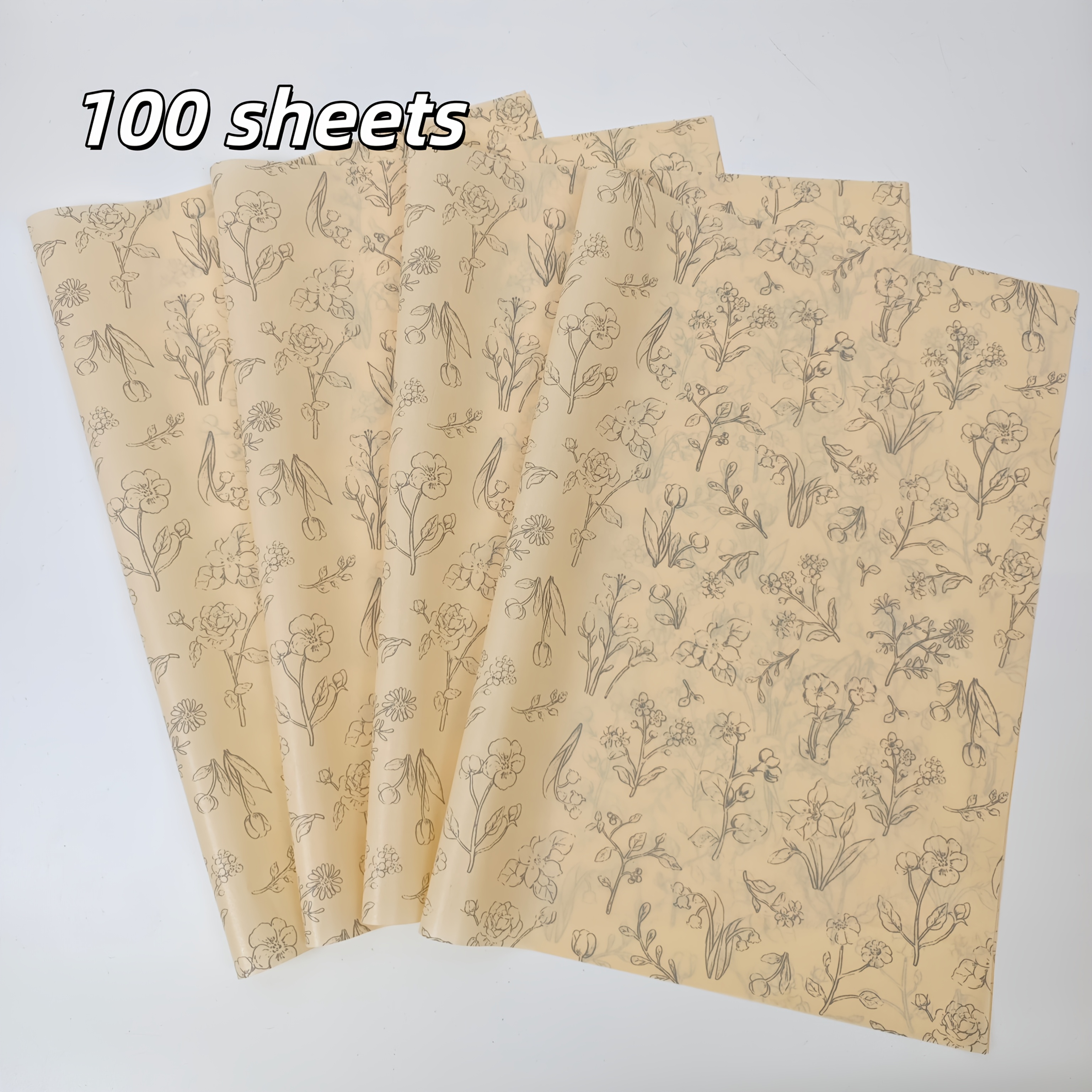 TEMU 100 Sheets Beige Vintage Floral Pattern Thin Paper, 50cm X 35cm (19.69in X 14in) Lightweight Paper For Gift Decoration, Suitable For Bouquet