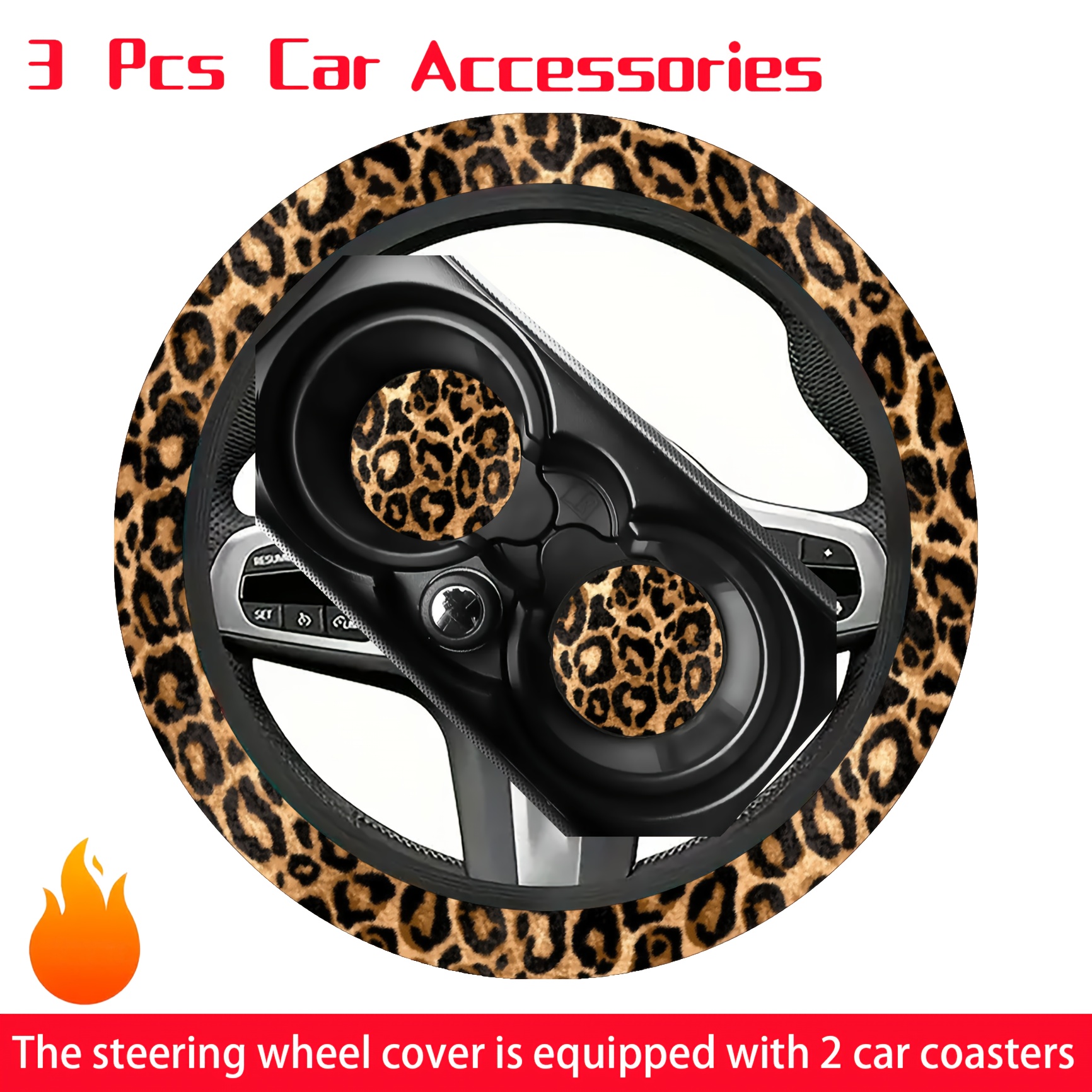 TEMU 3pcs Yellow Leopard Print Steering Wheel Cover - Non-slip Fit, Expandable Wheel With Leopard (no Inner) For, Trucks, Suvs - Suitable For