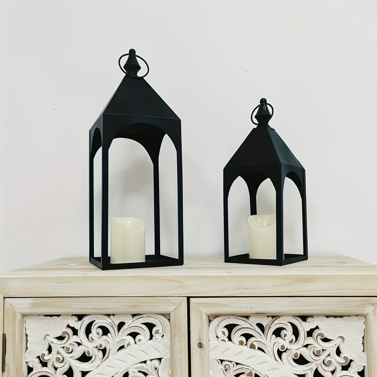 

Set Of 2 Tall Black Metal Lanterns, Decorative Indoor Use, Powder-coated - Ideal For Halloween, Hanukkah, Christmas, Easter, Thanksgiving