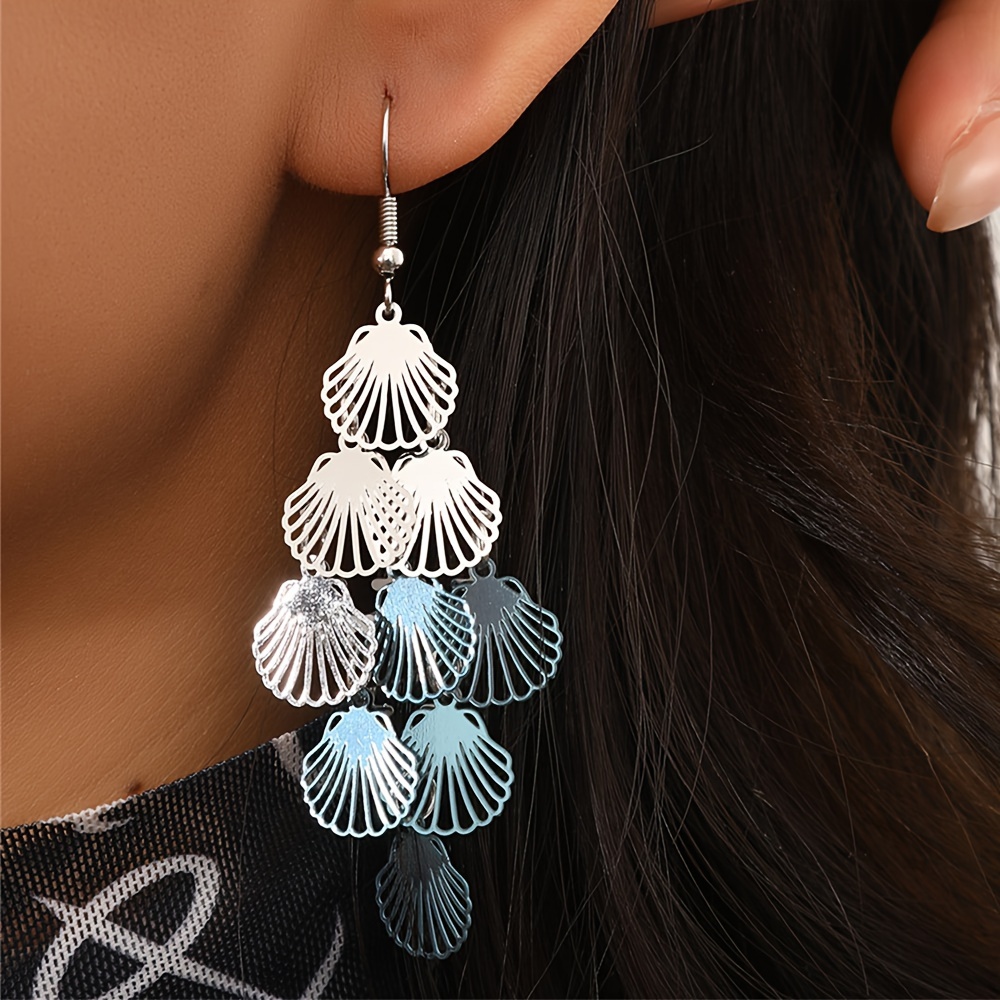 

Bohemian Summer Beach Style Vintage Hollow-out Silver/blue Shell Drop Dangle Earrings, Long Ethnic Copper Crafted Hook Earrings