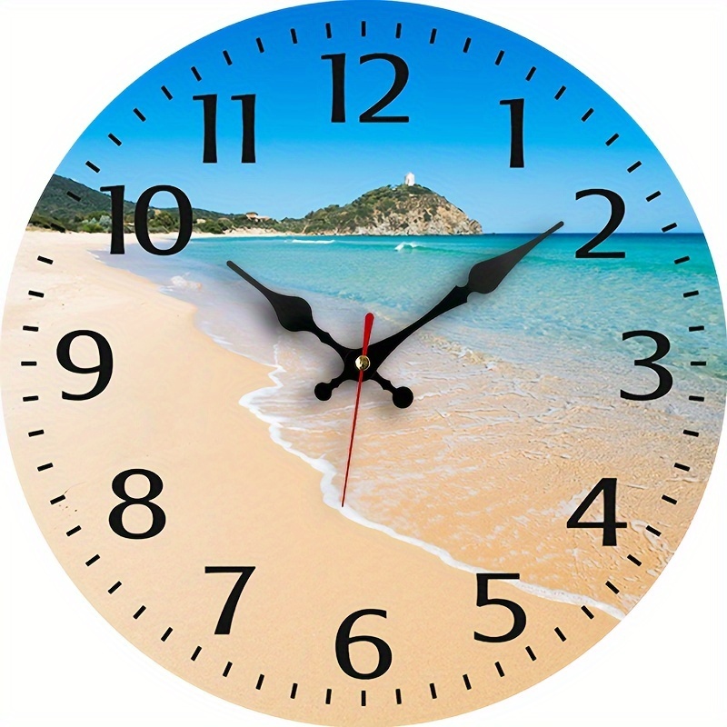 TEMU 1pc Silent Wall Clock - Quiet Quartz, Round With Ocean & Beach Scene - Ideal For Bedroom, Living Room, Office, Kitchen Decor - Aa Battery