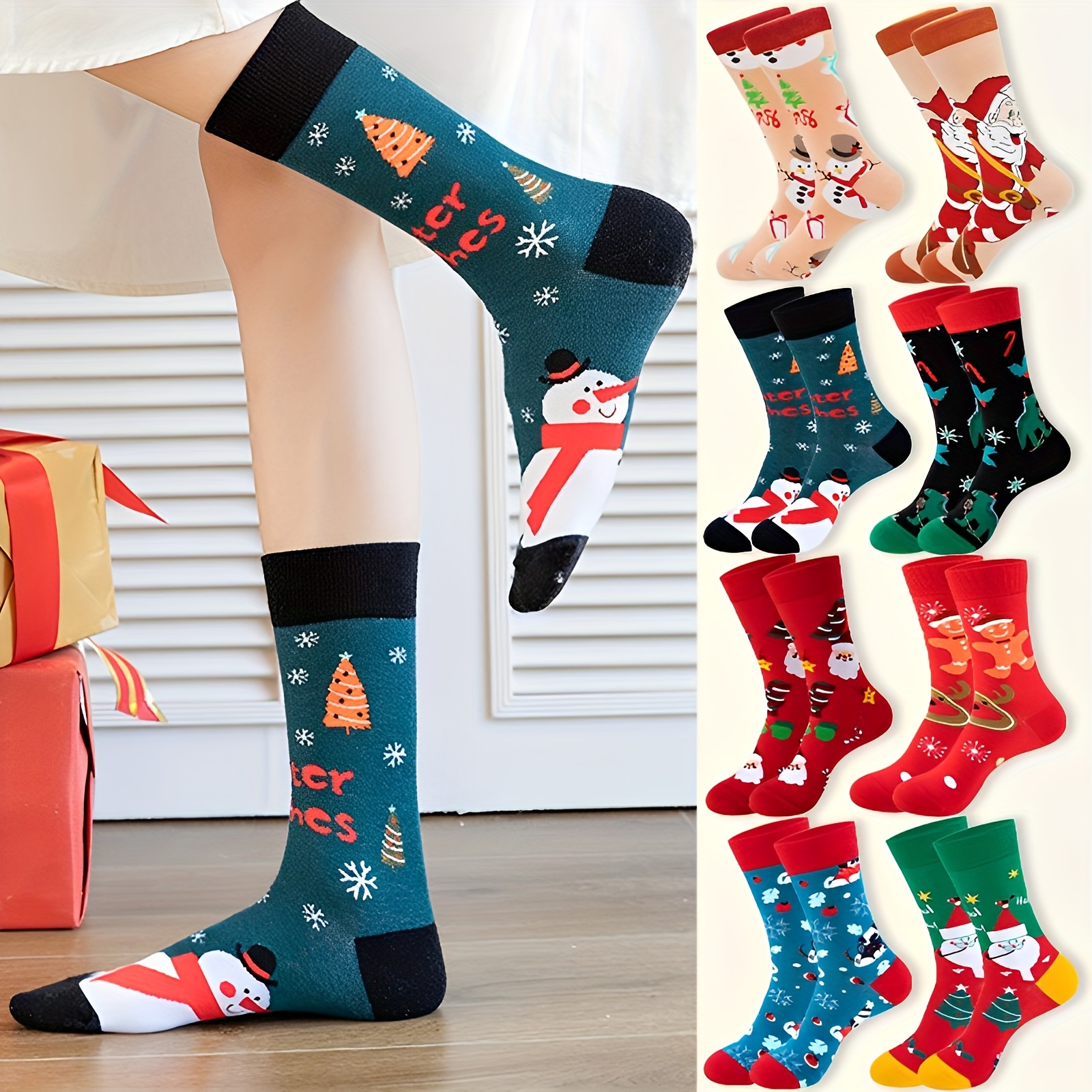 

8-pack Festive Holiday Knit Crew Hosiery, Polyester And Spandex Blend, Breathable Warmth, Unisex Christmas-themed Patterns With Santa, Reindeer, Snowman - Machine Washable Gift Set