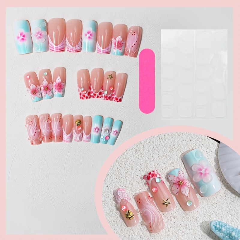 TEMU 24pcs Macaron Color-block Nail Art Set With Embossed , Water Ripple, And Metallic Starfish, Includes 1 Sheet Of Jelly Glue And 1 Nail File. ,