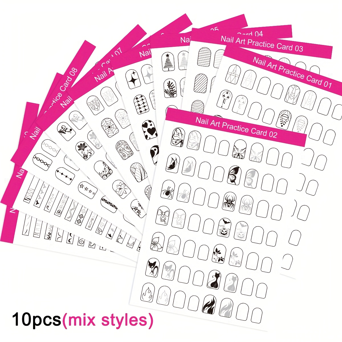 TEMU 10pcs Reusable Nail Art Tracing Practice Card Nail Paint Sheet Press-on Nails Art Practicing Cards For Beginner Nail Art Training Card Display