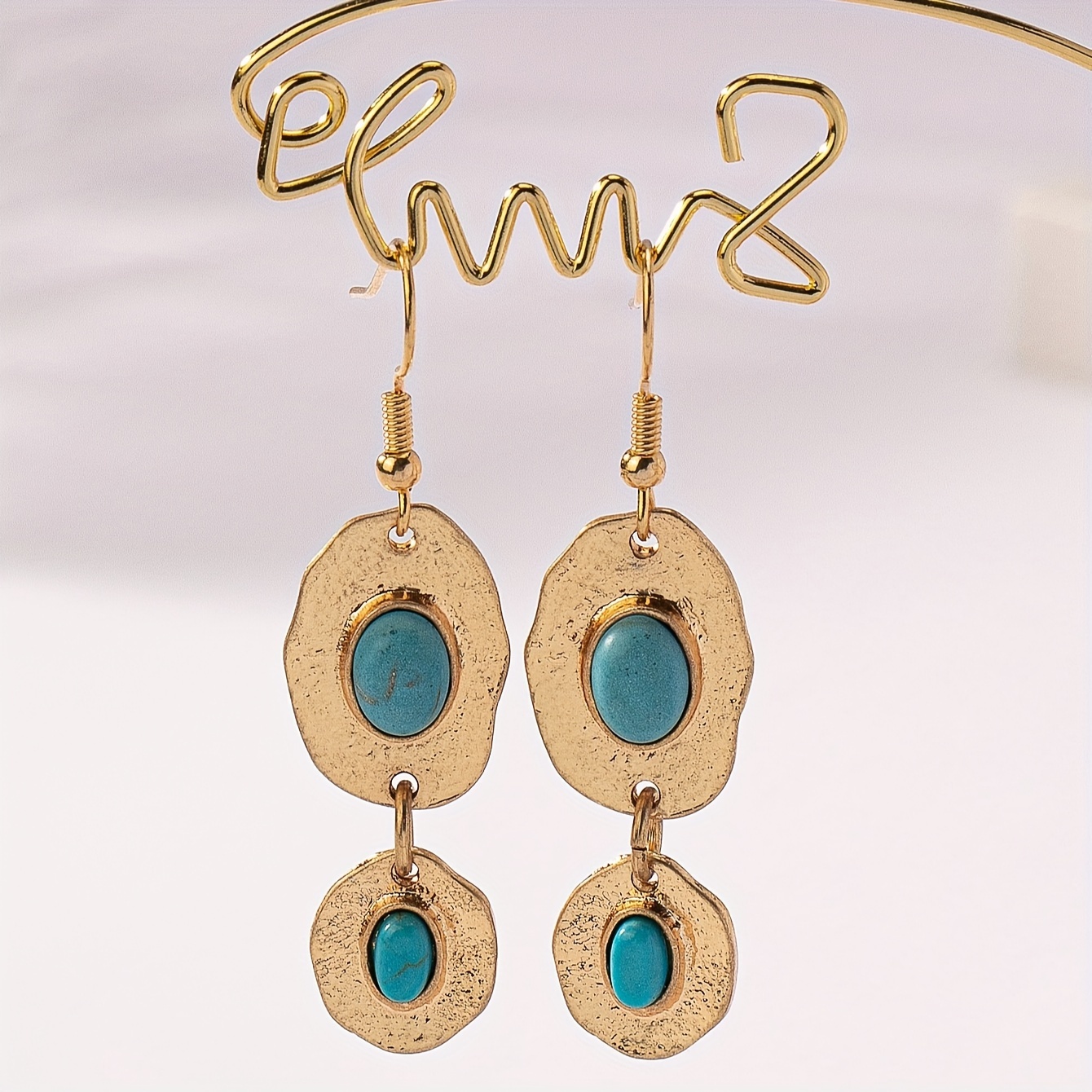 TEMU 1 Pair Of Bohemian Western Style Irregular Metal Turquoise Women's Earrings Suitable For Vacation Parties And Everyday Wear