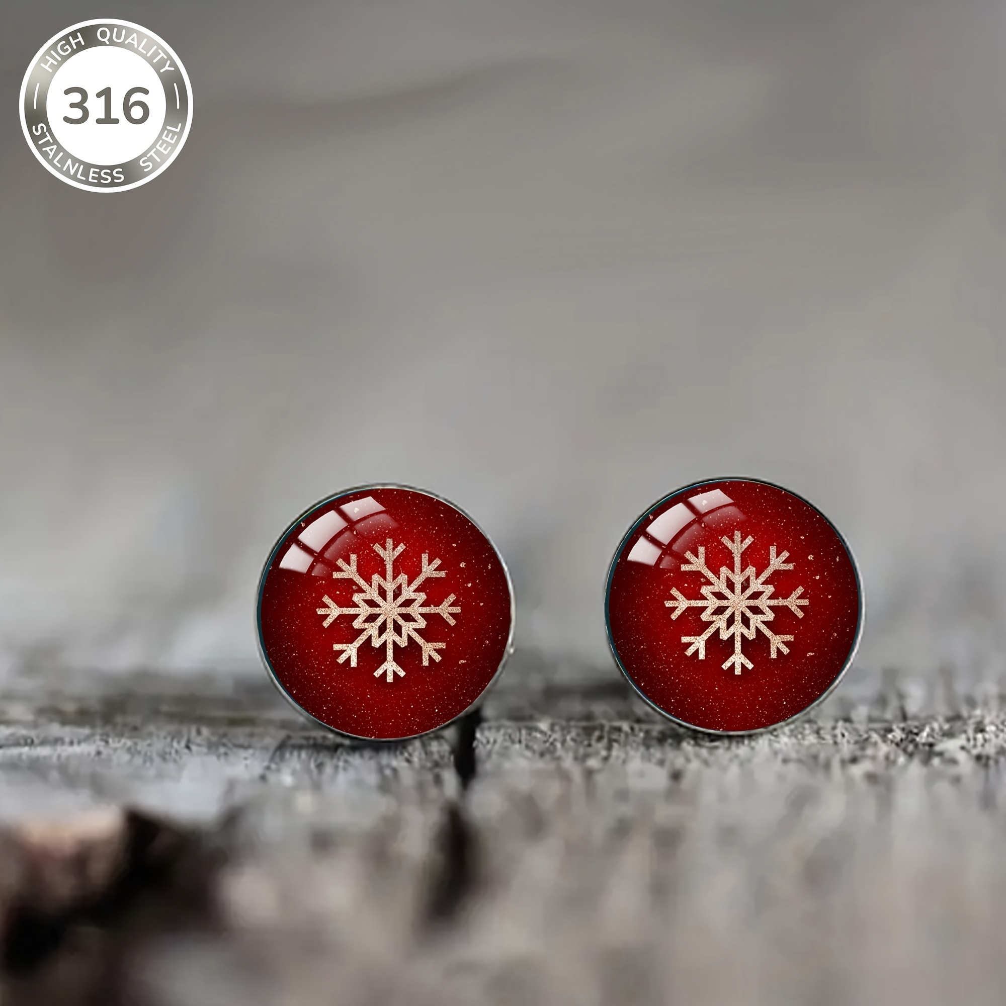 Image of 1 Pair Of Red-based White Snowflake Pattern Steel Ear Studs, Vintage Jewelry For Men And Women, Daily And Festive Wear, Christmas Gift