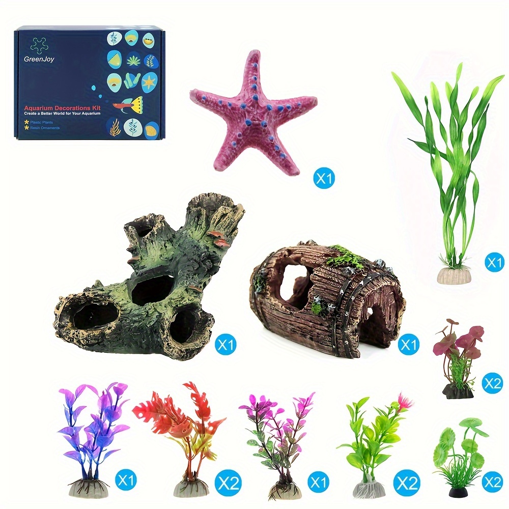 

Fish Tank Decorations Aquarium Artificial Plastic Plants & Decor Set, Betta Goldfish Turtle Fish Tank Accessories 14 Pcs