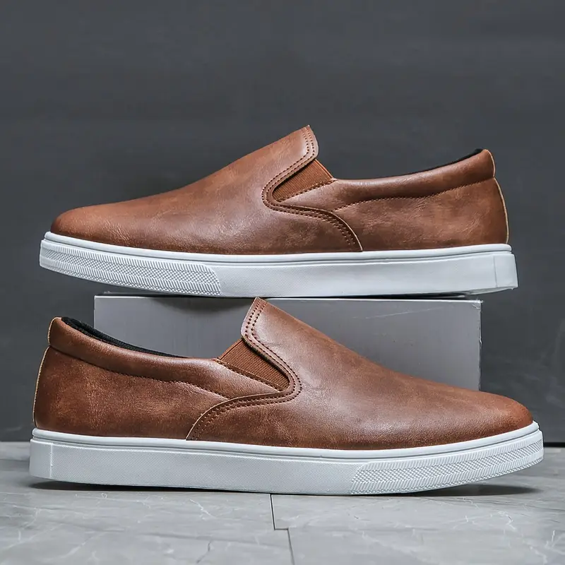 mens stylish brown slip on sneakers comfortable non slip casual shoes with white rubber sole for casual attire versatile modern casual shoes rubber sole shoes details 1