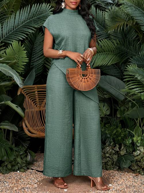 womens vacation casual solid color asymmetrical hem top and pants two piece set autumn womens clothing